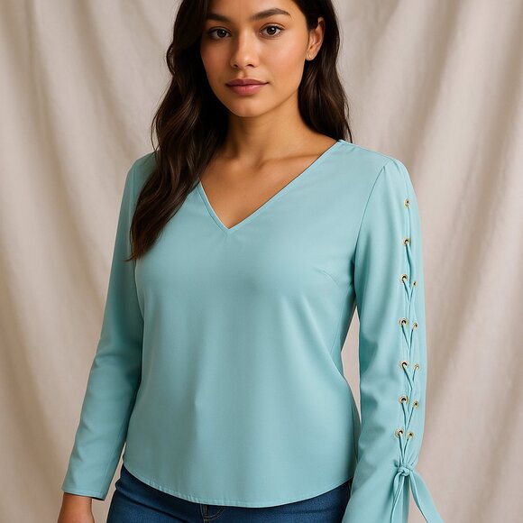 Kaari Blue Lace-Up Sleeve Blouse Light Blue Size L Women’s Long Sleeve - Picture 1 of 7